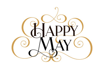 Happy May. Handwritten modern brush black text, gold swirl, white background. Beautiful lettering invitation card, greeting, prints, banner. Typographic inscription, calligraphic design vector