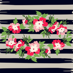 Hand drawn wreath tropical flower rose vintage print on stripes waves pattern, grunge retro background vector illustration design for fashion, shirt, textile, greeting card, invitation, wedding