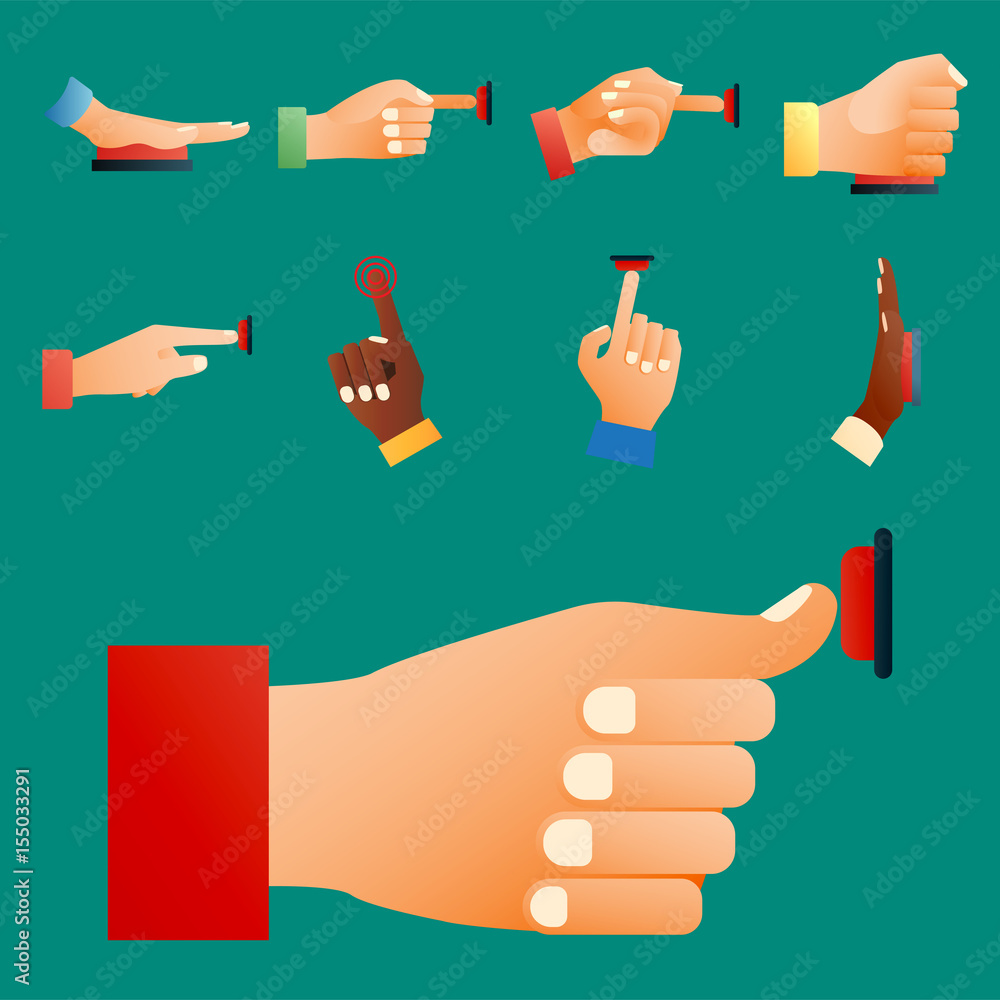 Poster hand press red button finger press control push pointer gesture human body part vector illustration.