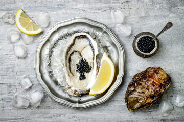 Opened oyster with black sturgeon caviar and lemon on ice in metal plate on grey concrete...