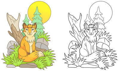 Cartoon fox sits on the grass

