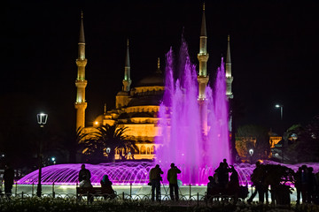 Fototapeta premium The Blue Mosque, outside at night with minaret