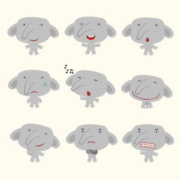 Set funny elephant in different poses. Collection isolated elephant in cartoon style for design for children holiday and goods.
