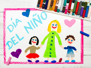Obraz na płótnie Canvas Colorful drawing: Children's day card with Spanish words Children's day