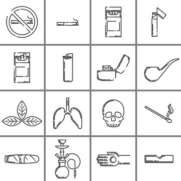 Set of anti tobacco outline icons isolated on white background. Flat vector illustration.