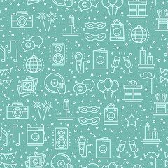 Party celebration seamless pattern. Birthday, holidays, event, carnival festive. Party decor elements thin icons. Funny vector illustration. Line background. Texture. Mask gifts cake cocktail firework