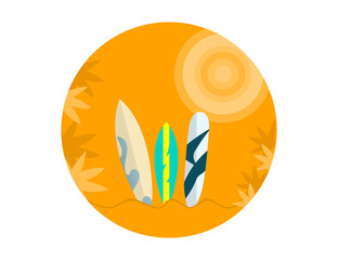 Set of Surfboards on a Orange Background  with Palm Trees and Sun. Sea extreme sport Concept.