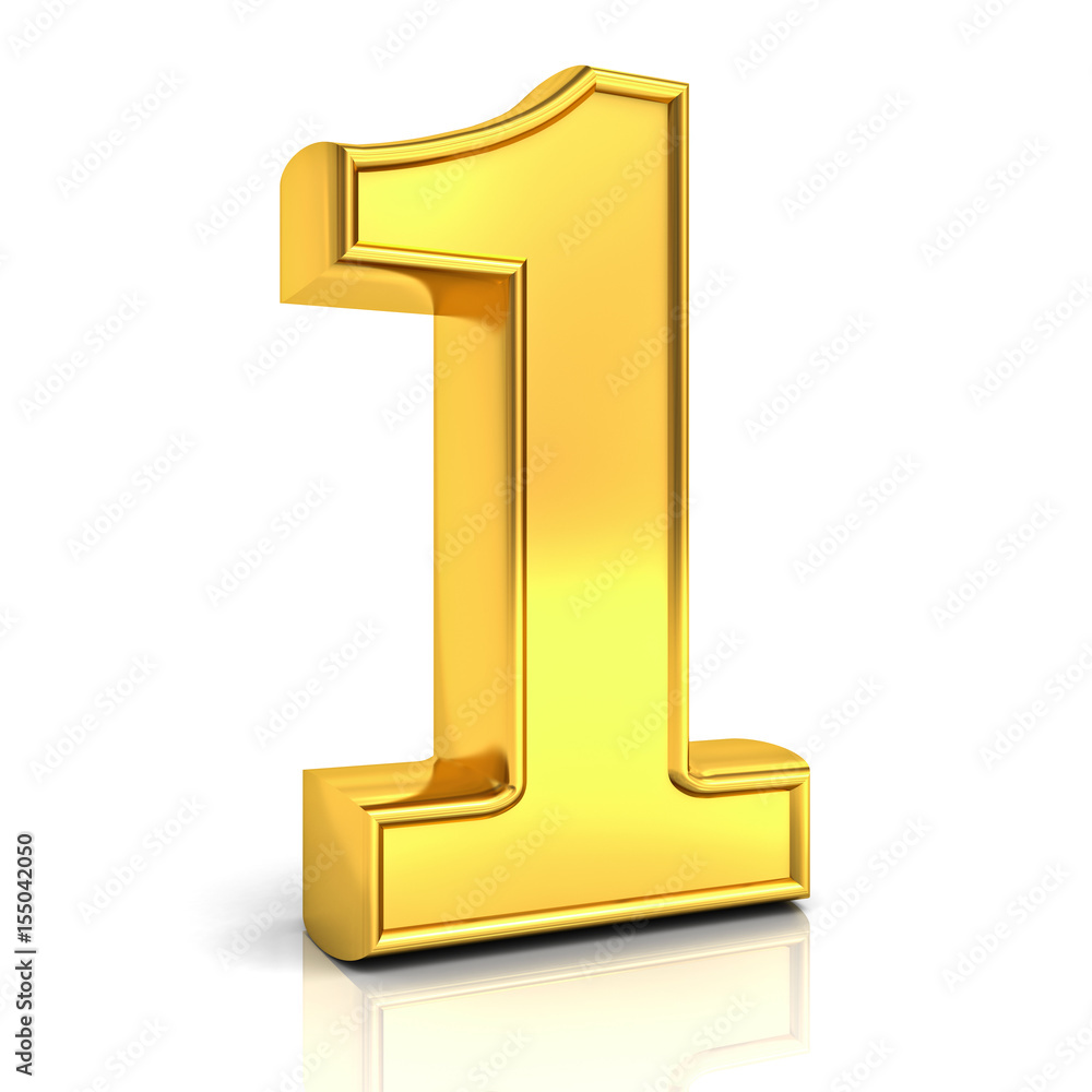 Leinwandbilder 3d gold number one , 1 isolated over white background with reflection and shadow. 3d rendering.