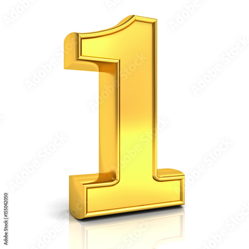 "3D gold number one , 1 isolated over white background with reflection