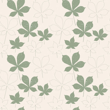 Vector floral pattern with chestnut tree leaves. Simple hand drawn leaves outlines in khaki green  on beige background with worn out texture.