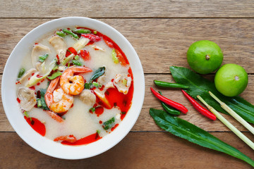 Prawn shrimp and lemon grass spicy soup with mushrooms, famous Thai food calling Tom Yum Kung