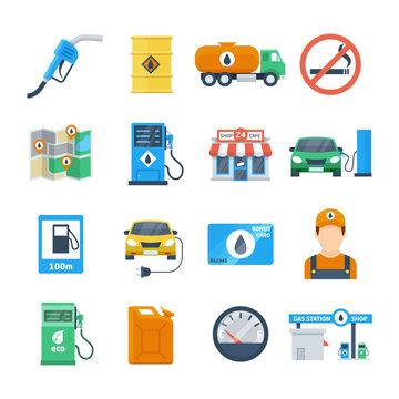 Petrol station icons in a flat style