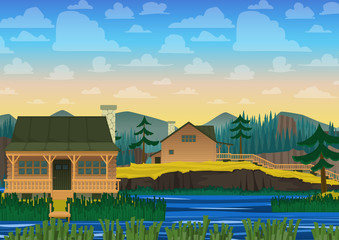 Landscape of house on river. Vector illustration in cartoon style.