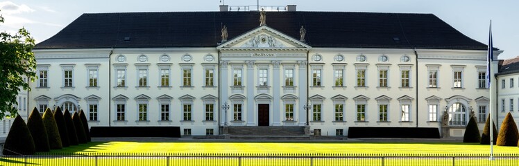 Fototapeta na wymiar Berlin, Germany - May 7, 2017: Bellevue Palace. Schloss Bellevue, located in Berlin's Tiergarten district, has been the official residence of the President of Germany since 1994. High resolution shot
