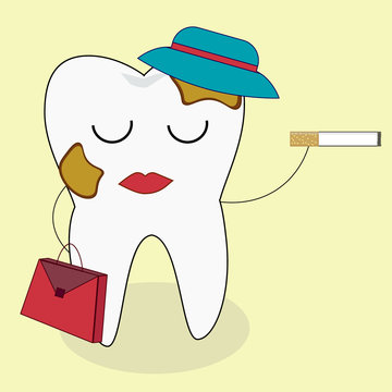 Tooth and cigarette characters. Vector flat cartoon illustration