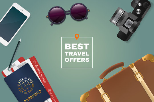 Best travel offer illustration. Tourism stuff on table. Passport, tickets, sunglasses, phone, suitcase and photo frame. Top view. Advertising banner concept.