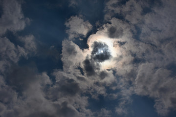 雲から透けて見える太陽と青空「空想・姿を現しはじめたモンスター（太陽が目）」紫外線遮断、ＵＶケア、日焼け防止などのイメージ