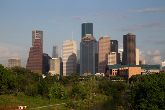 Houston Downtown Skyline with Bright Sun