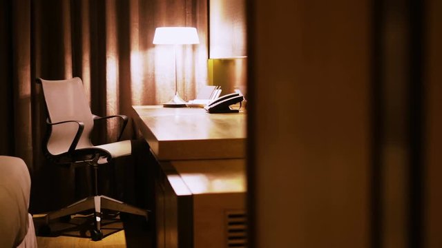 Relax Working Corner. 4K Pan shot of the working corner in a luxury hotel room. 