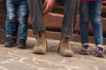 Child with Parents Together. Feet Barefoot . Healthy Lifestyle. Spring Time.
