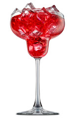 fresh fruit alcohol cocktail or mocktail in margarita glass with red beverage and ice cubes isolated on white background