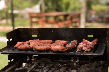 Grilled shish kebab and meat balls on barbecue at picnic also on background there are picnic table and hammock in frame