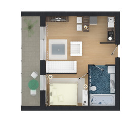 3d interior rendering top view of furnished home apartment