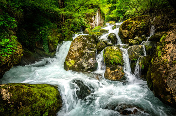 Fototapeta premium Jungle landscape with flowing turquoise water of georgian cascade waterfall at deep green forest. Mountain of georgia