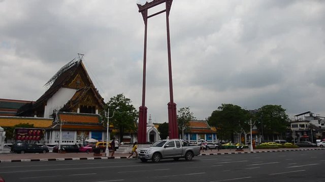 Giant Swing or Sao Chingcha is a religious structure in Phra Nakhon location in front of Wat Suthat Thepphaararam and traffic road on May 11, 2017 in Bangkok, Thailand.