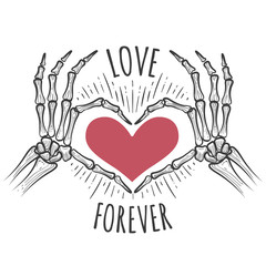 Love you forever vector illustration with skeleton pink heart hands in doodle sketch style