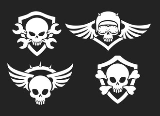 Motorbike riders skull signs. Vector biker club road symbols with skeleton skulls with wings and helmet