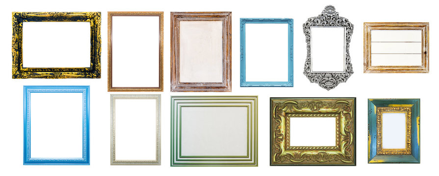 Collection of shabby distressed picture frames, isolated on white background.