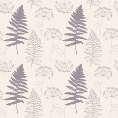 Vector floral pattern with dill or fennel flowers and fern leaves. Simple hand drawn flowers and leaves outlines in dark purple  on beige background with worn out texture.