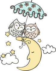 Cute couple owls on the moon
