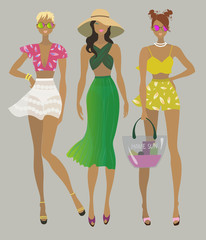 Three young stylish girls. Fashion models. Summer trendy outfits. Vector isolated illustration