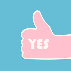 Hand giving thumbs up with YES sign over blue background