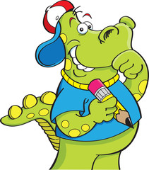 Cartoon illustration of a dinosaur holding a pencil.