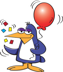 Cartoon illustration of a penguin holding a balloon.