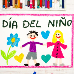 Colorful drawing: Children's day card with German words Children's day
