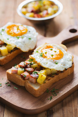 stir fried ham and tomato with fried egg sandwich