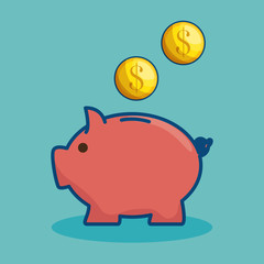 Piggy bank and coins over teal background. Vector illustration.