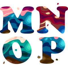 Set of a colorful patterned M,N,O,P letters alphabet
