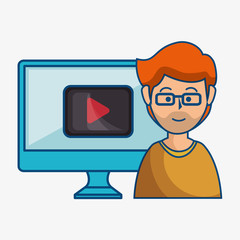 A ginger man with glasses and a screen with a play icon on it over white background.