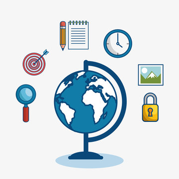 A globe surrounded by magnifying glass, target, notepad,pencil, wall clock, picture and padlock, over white background. Vector illustration.