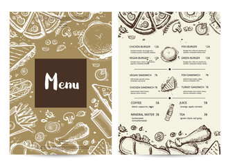 Restaurant menu card with prices. Delicious fast food vector template with hand drawn pizza, hot dog, chicken, drink pencil doodles. Cafe snack catalog, junk food card with meal linear sketches.
