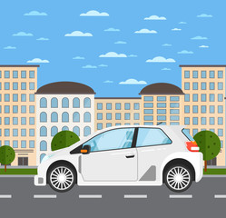 Family universal car in urban landscape. Comfortable modern auto vehicle, people transportation concept. City street road traffic vector illustration, cityscape background with skyscrapers.