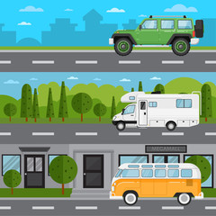 Off road car, camper van and retro bus on highway. Road traffic vector illustration set with countryside and cityscape background. Modern automobile, people transportation, auto vehicle in flat design