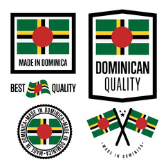 Dominica quality isolated label set for goods. Exporting stamp with dominican flag, nation manufacturer certificate element, country product vector emblem. Made in Dominica badge collection.