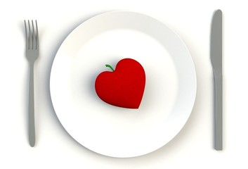 Fototapeta na wymiar Heart on plate, knife and fork on white table, 3D rendering
