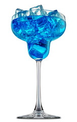fresh fruit alcohol cocktail or mocktail in margarita glass with blue beverage and ice cubes isolated on white background